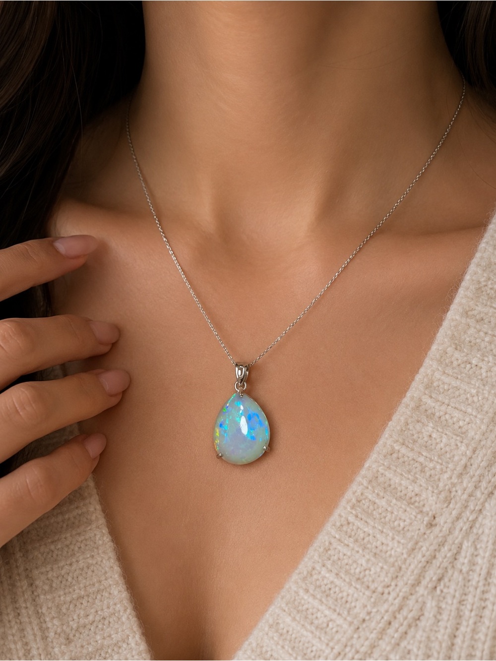 13 Carat Natural Ethiopian Opal Pendant – 925 Sterling Silver Pear Shape